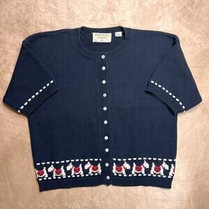 Vintage 90s Marisa Christina Classics Terrier Dog Knit Cardigan Sweater Navy